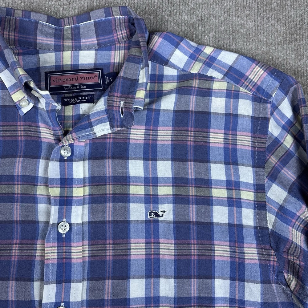 Vineyard Vines Whale Shirt Plaid Button Down Blue Purple Pink Men's Size Small